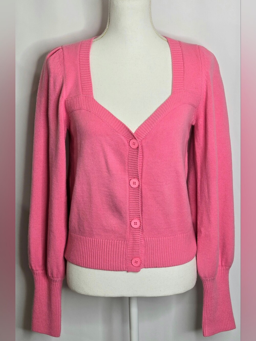 French Connection Aurora Pink Sweetheart Puff Sleeve Cardigan NWT Small